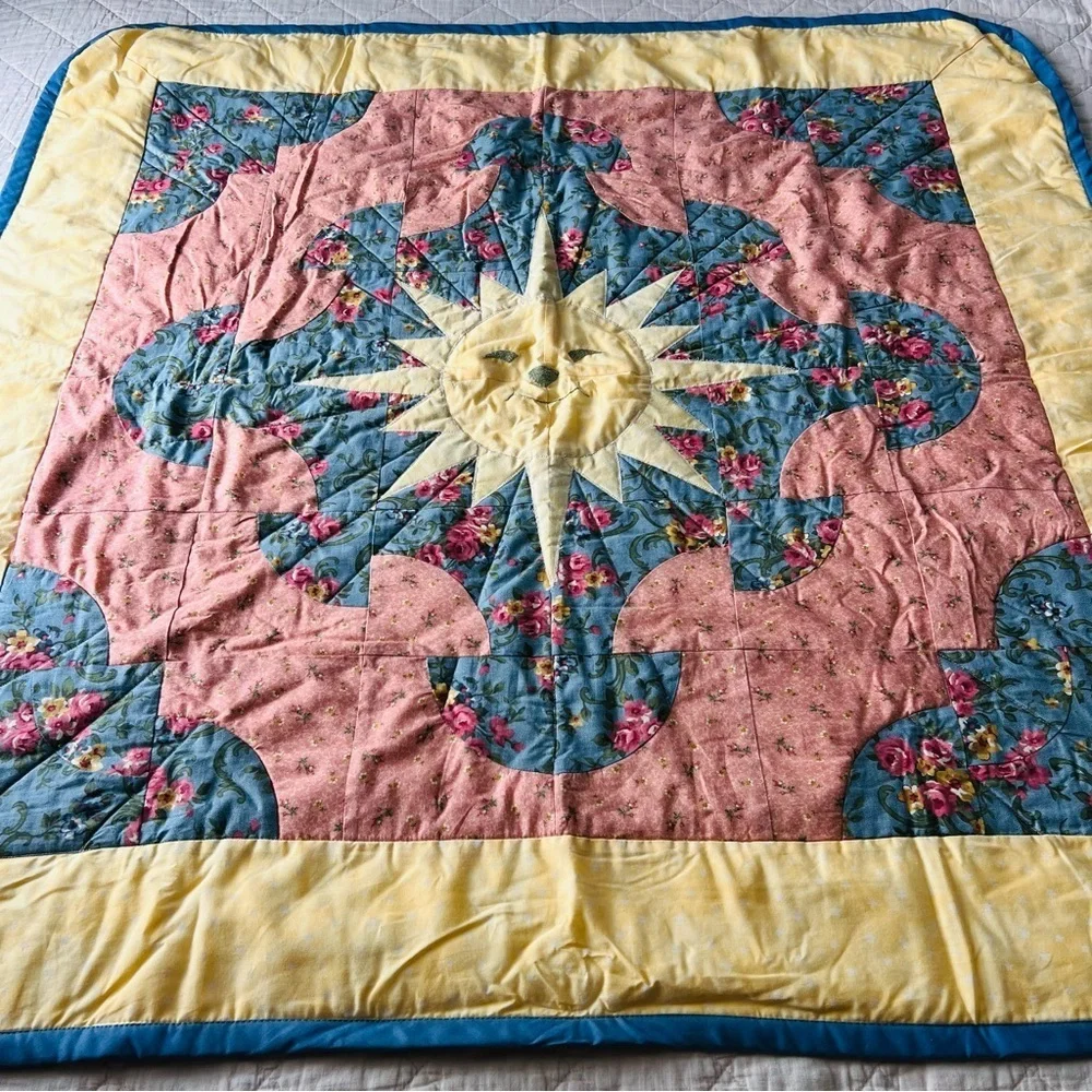 New Handmade Floral Sunburst Quilt - Pink, Blue, Yellow
